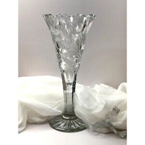 Vintage Cut/Etched Crystal Trumpet Vase w/Flowers 10" tall w/Scalloped Rim